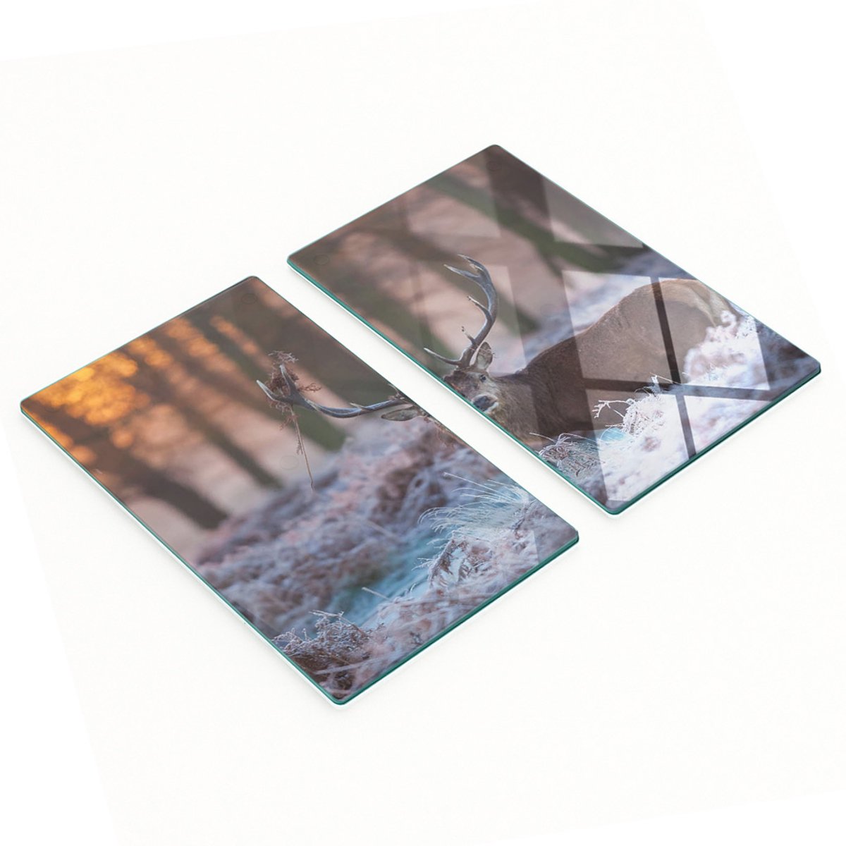 Set glazen panelen met afbeelding van een zonsopgang boven een hert, 2x30x52 cm