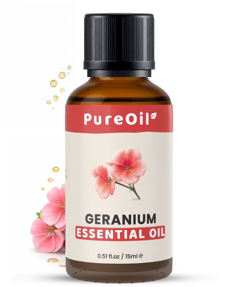 PureOil – Geranium Etherische Olie – 15ml – 100% Puur, Natuurlijk & Vegan – Voor Haar | Huid | Gezicht | Scalp | Diffuser | Aromatherapie | Geurolie