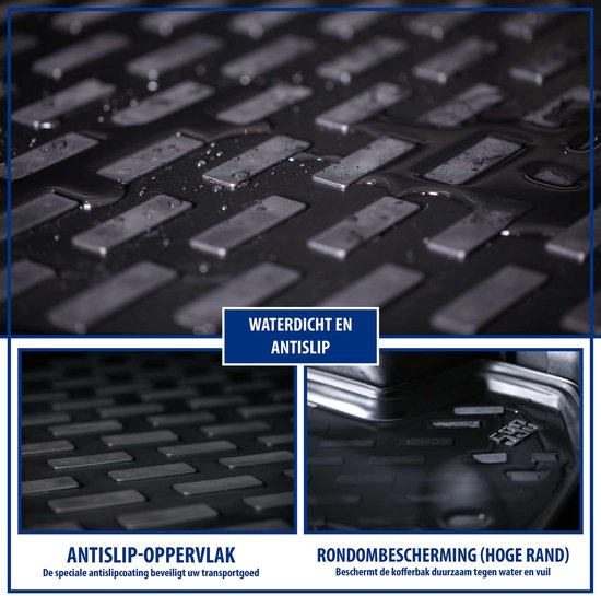 Zwarte kofferbakmat met nopjespatroon, met water en antisliplaag.
