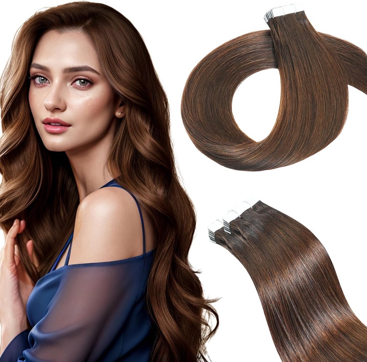Onzichtbare Tape-In Haarverlenging Echt Haar Donkerbruin - 60 cm - 20 Stuks