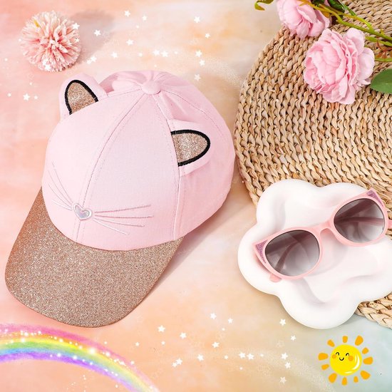 Roze Glitter Kinder Pet met Kattenoren en UV-Beschermende Zonnebril Set — afbeelding 2