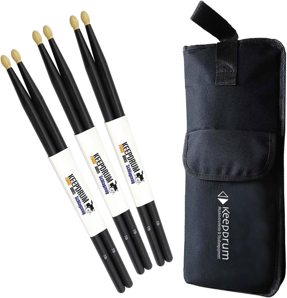 Set van 3 Paar Zwarte Drumstokken Maat 5B met Drumstoktas