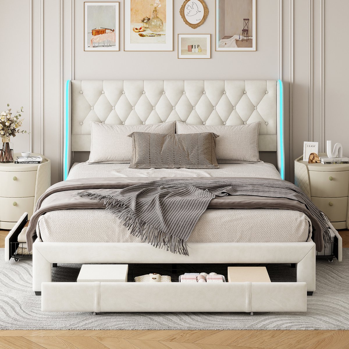 Bed 160x200 Beige Velvet met LED & 3 Lades