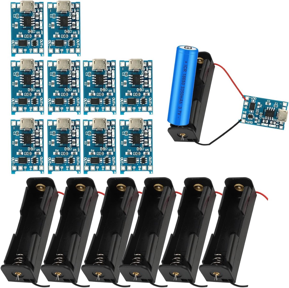 10x Type-C Lithium Acculader Modules met 6x 3.7V Batterijhouders en Kabels