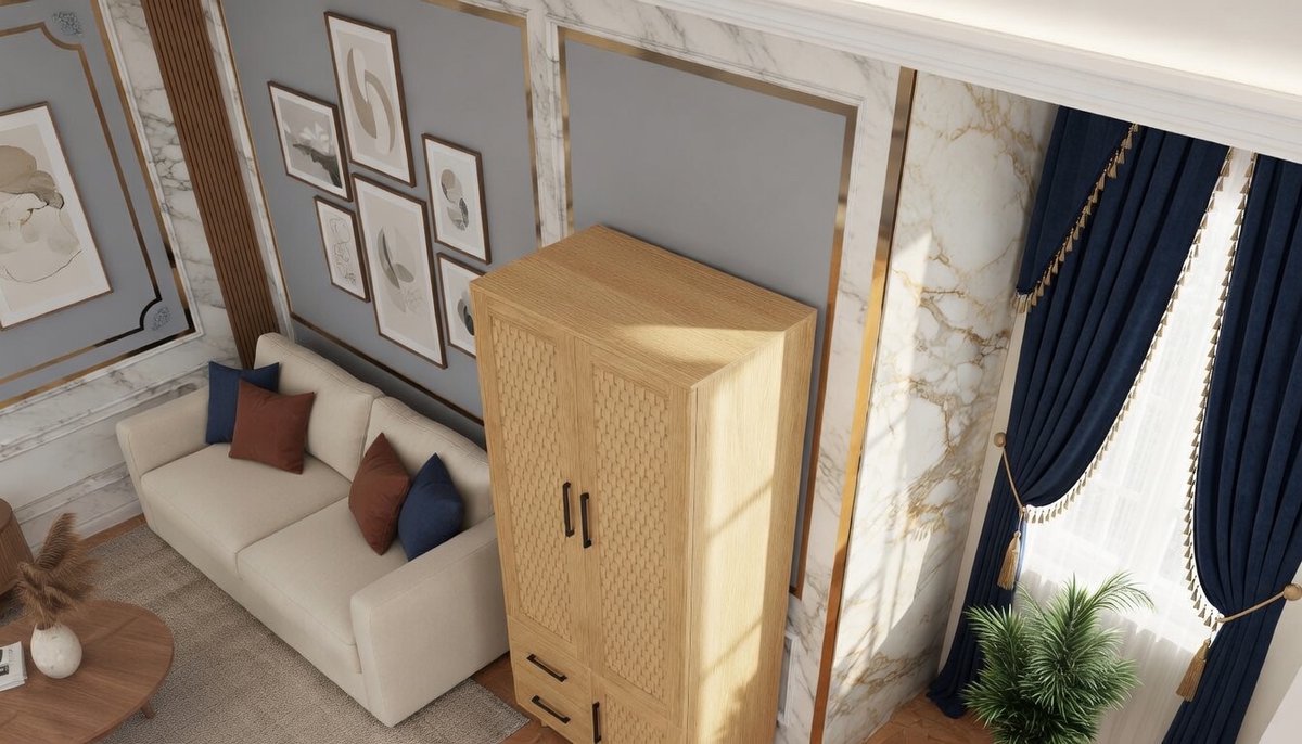 Kledingkast 2-deurs Casa Velluto Natural Elegance – Moderne houten kledingkast met 2 laden en kledingstang – Multifunctionele slaapkamer- en kleedkamerkast – 50 cm breed, eikenkleur