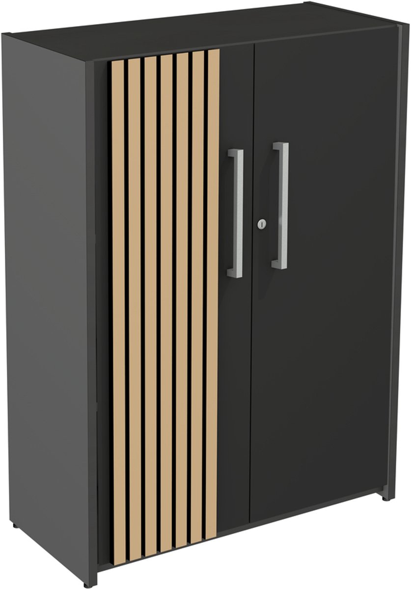 Kerkmann Luxe Design Dressoir Oxford - Akoestische Lattenwand Eiken - Antraciet - 111cm zwart