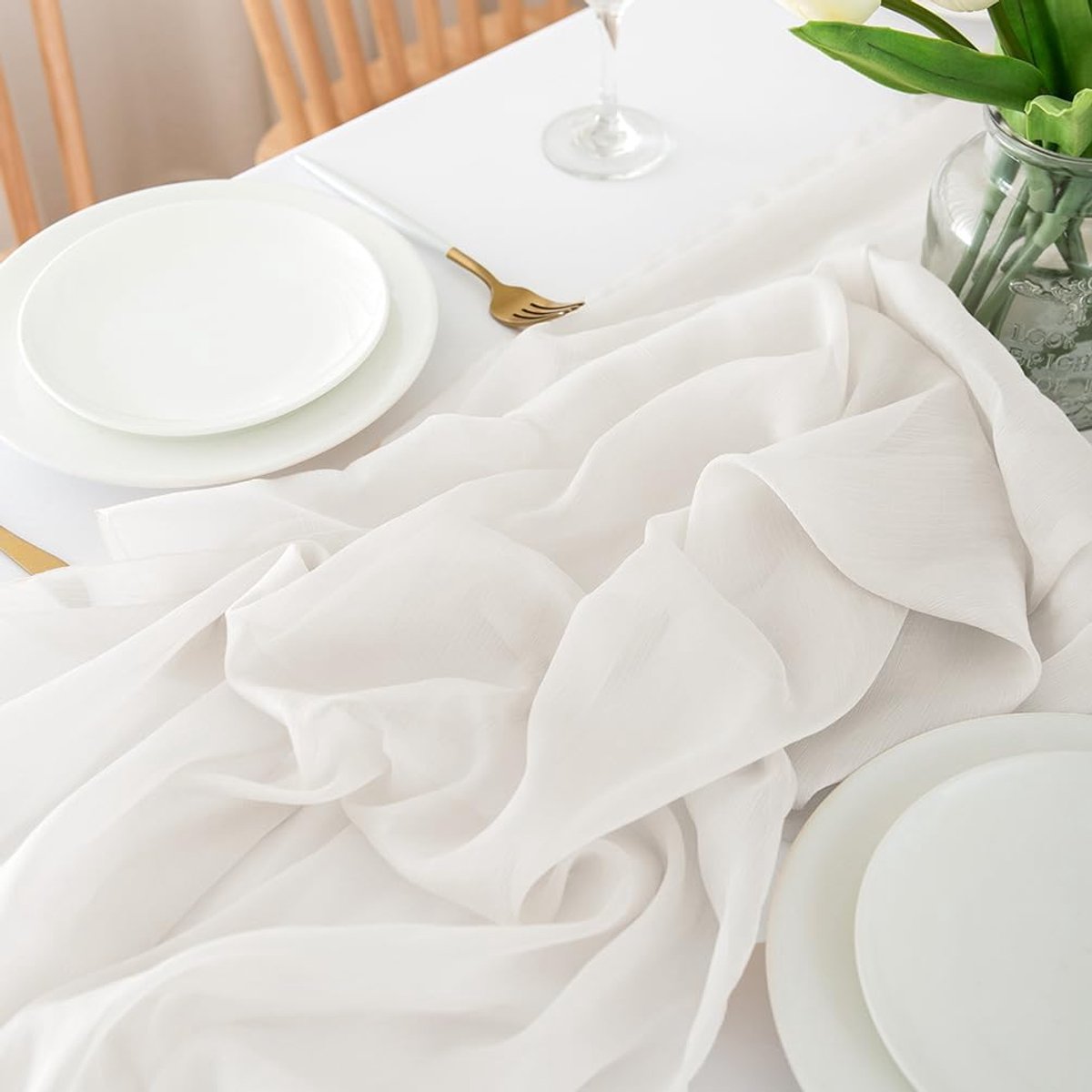 Elegante Witte Tafelloper van Chiffon voor Bruiloften en Feestelijke Decoratie