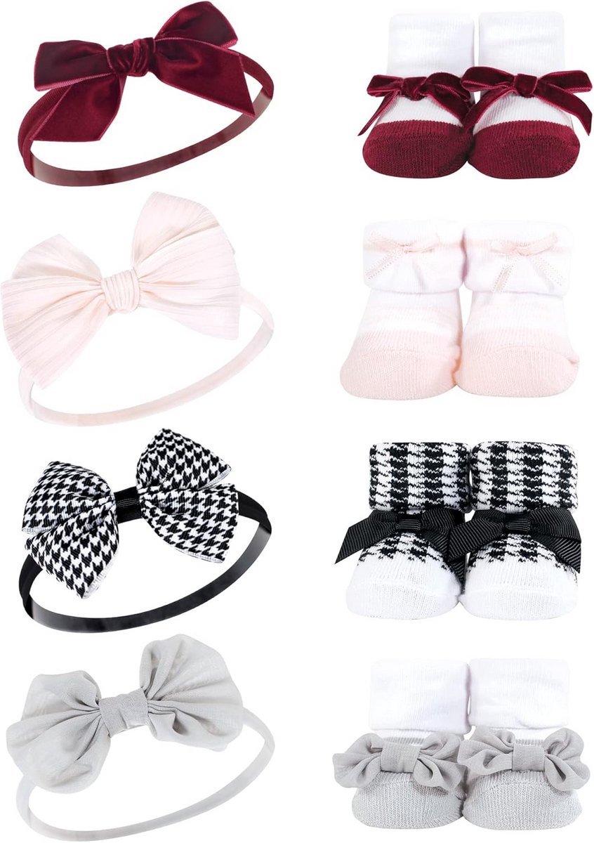 Babymeisje Hoofdband en Sokkenset Cadeauset, Bordeaux Ruitpatroon