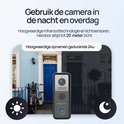 Zwarte deurbel met camera in daglicht en nachtzicht modus, met zon en maan iconen.