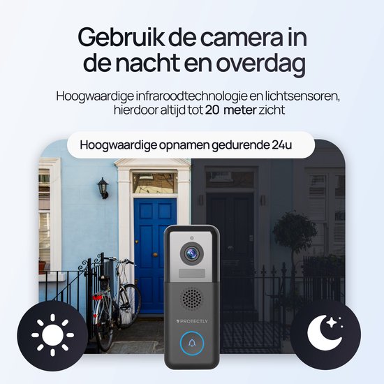 Zwarte deurbel met camera in daglicht en nachtzicht modus, met zon en maan iconen.