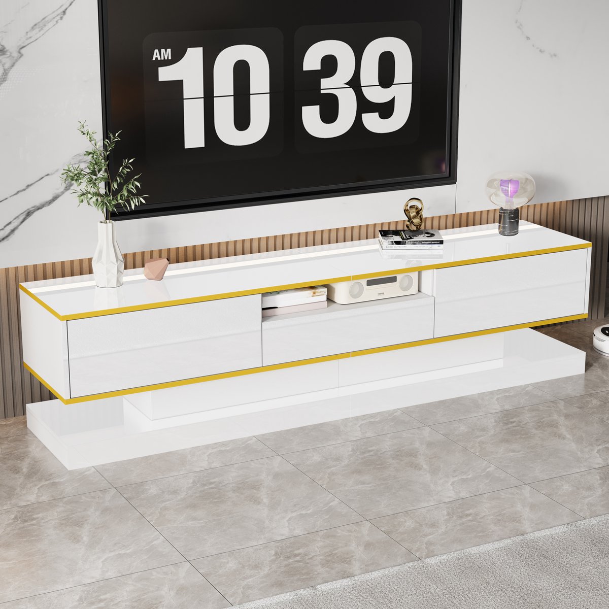 MIVRAY Televisiemeubel - Hoogglans Met Ledverlichting En 3 Lades - Moderne Opbergruimte Voor Woonkamer - Spaanplaat - 180x38x45 Cm