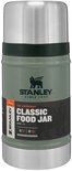 Le pot alimentaire Stanley Classic vert de 0,7 L avec couvercle argenté et bande vert foncé. "THE LEGENDARY CLASSIC FOOD JAR" est écrit sur l'étiquette.