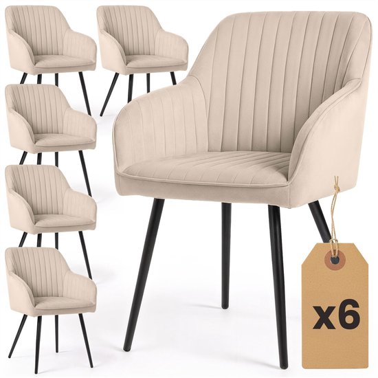 Ensemble de six chaises de salle à manger Florence en velours beige avec accoudoirs et pieds noirs en métal. Une grande chaise est à l'avant.