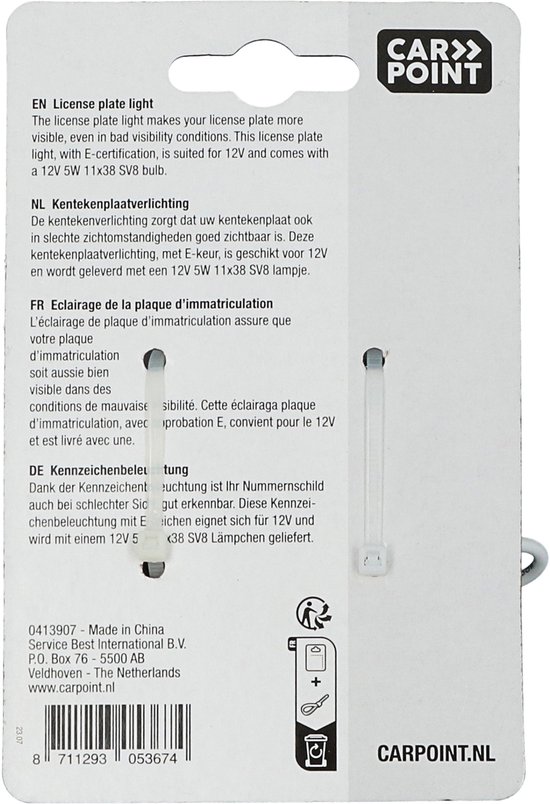 Verpakking van Carpoint kentekenplaatverlichting met beschrijving in het Engels, Nederlands en Frans.