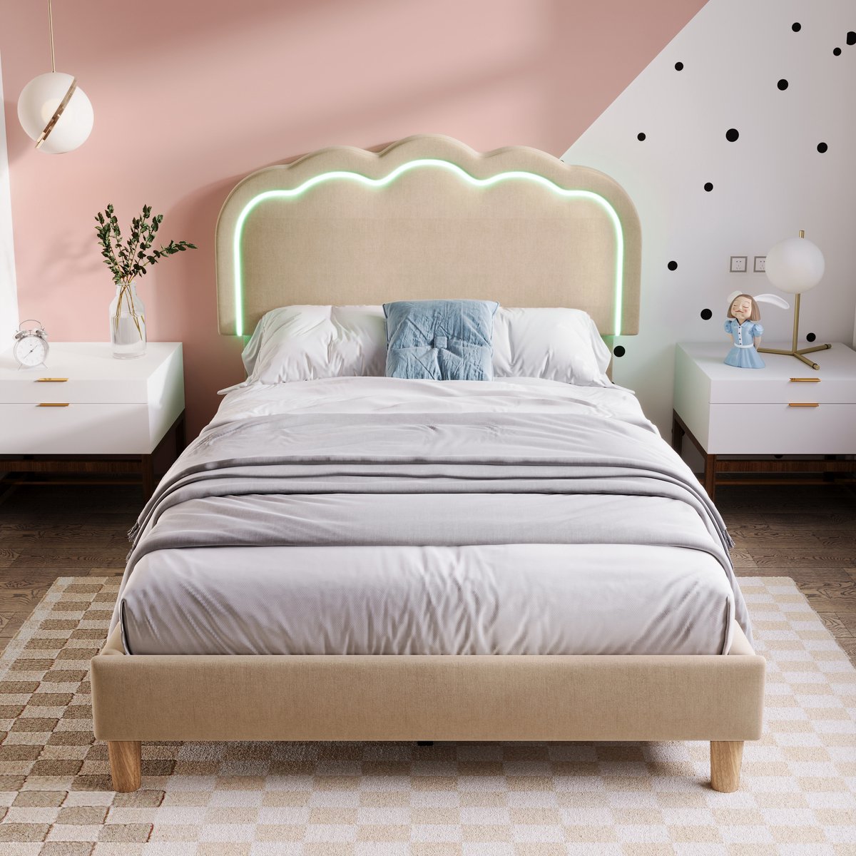 MIVRAY Gestoffeerd Bed 90x200cm - Eenpersoonsbed Met Led Verlichting En Verstelbaar Hoofdbord - Slaapkamer Logeerkamer - Linnen - Beige - Zonder Matras
