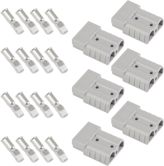 Set van grijze connectoren en zilverkleurige klemmen.