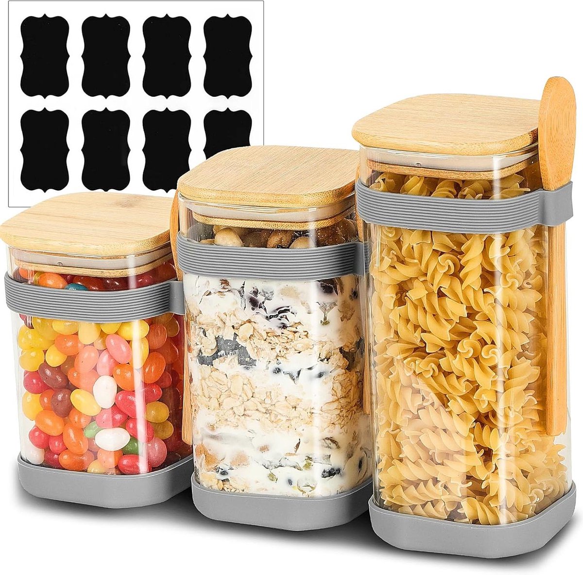 Glazen voorraaddozen met houten deksel en lepel, set van 3, rechthoekig design