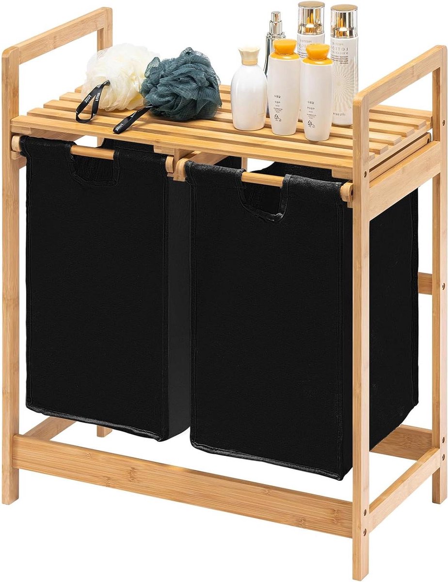 Bamboe Wasmand met Planken en Uittrekbare Waszakken - 73 x 64 x 33 cm - Zwart