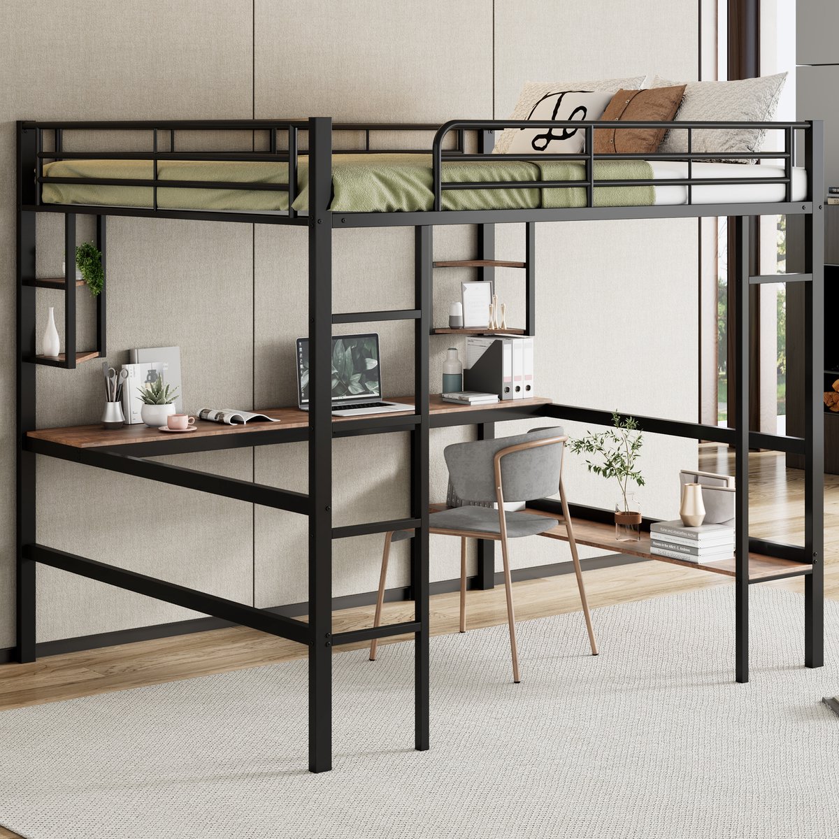 Clruro Hoogslaper 140x200 cm - Met Bureau En Boekenkast - Vier Opbergplanken - Metaal - Zwart