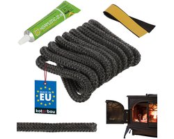 KOTARBAU® Kachelkoord Met Lijm, Ovenafdichtkoord, Glasvezel, ? 10 mm, 2,5 m, Glasvezelkoord, Hittebestendig Afdichtingskoord, Kachelafdichting, Vuurvast Koord, Deurkoord Kachel, Zwart