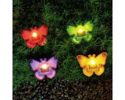 Solar LED Tuinlamp Met Vlinders – Gekleurd – 1 Warm Witte LED – Zwart – 9 X 9 X 8,5 Cm – Op Zonne-Energie – Automatisch Aan Bij Schemer – Decoratieve Buitenverlichting Voor Tuin En Balkon (11732B)