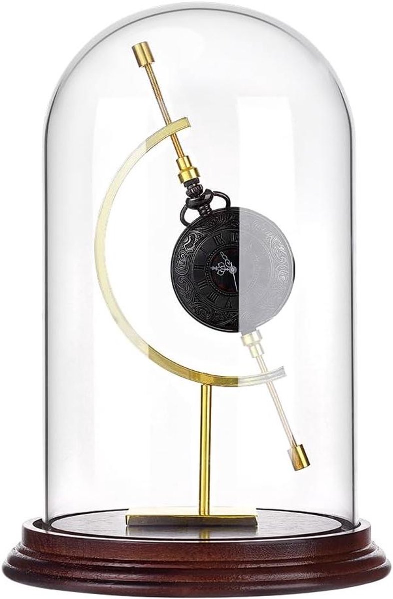 Pocket Horloge Vitrine Dome Cloche met Gouden Houder en Houten Basis - Glazen Display voor Horloges Planten Medailles