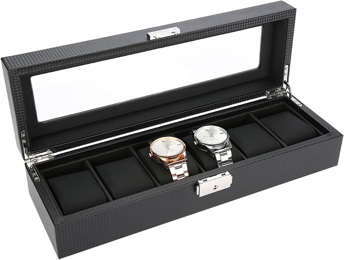 Houten Horloge Vitrine Sieraden Opbergdoos met 6 Roosters - Zwart PU Leer - Horlogekast - Horloge Houder - Polshorloge Vitrine - Sieraden Cadeau - Horloge Display Opbergdoos