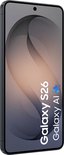 Voorkant van een zwarte Samsung Galaxy S26 smartphone met de tekst 'Galaxy S26 Galaxy AI'.
