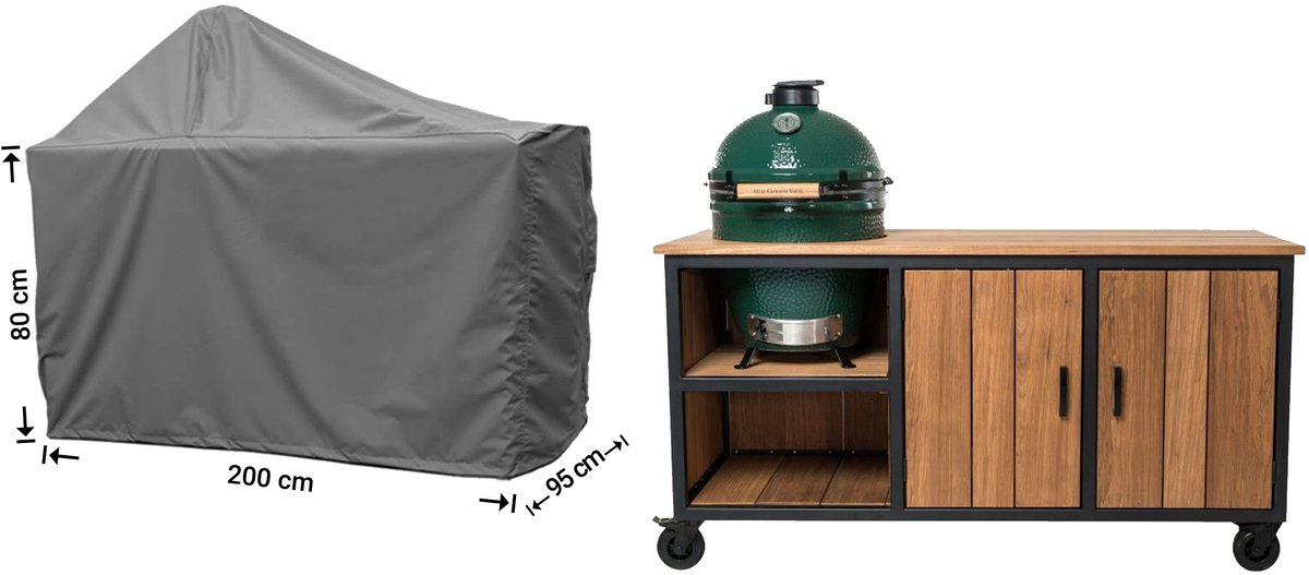 Raffles Covers Big Green Egg / Kamado hoes - 200 x 90 H: 140 cm - D-RBGE200 - Waterdicht - Ademend - UV-bestendig - Elastisch rijgkoord - Big Green Egg / Kamado Accessoires - Hoes voor BBQ + Tafel Antraciet