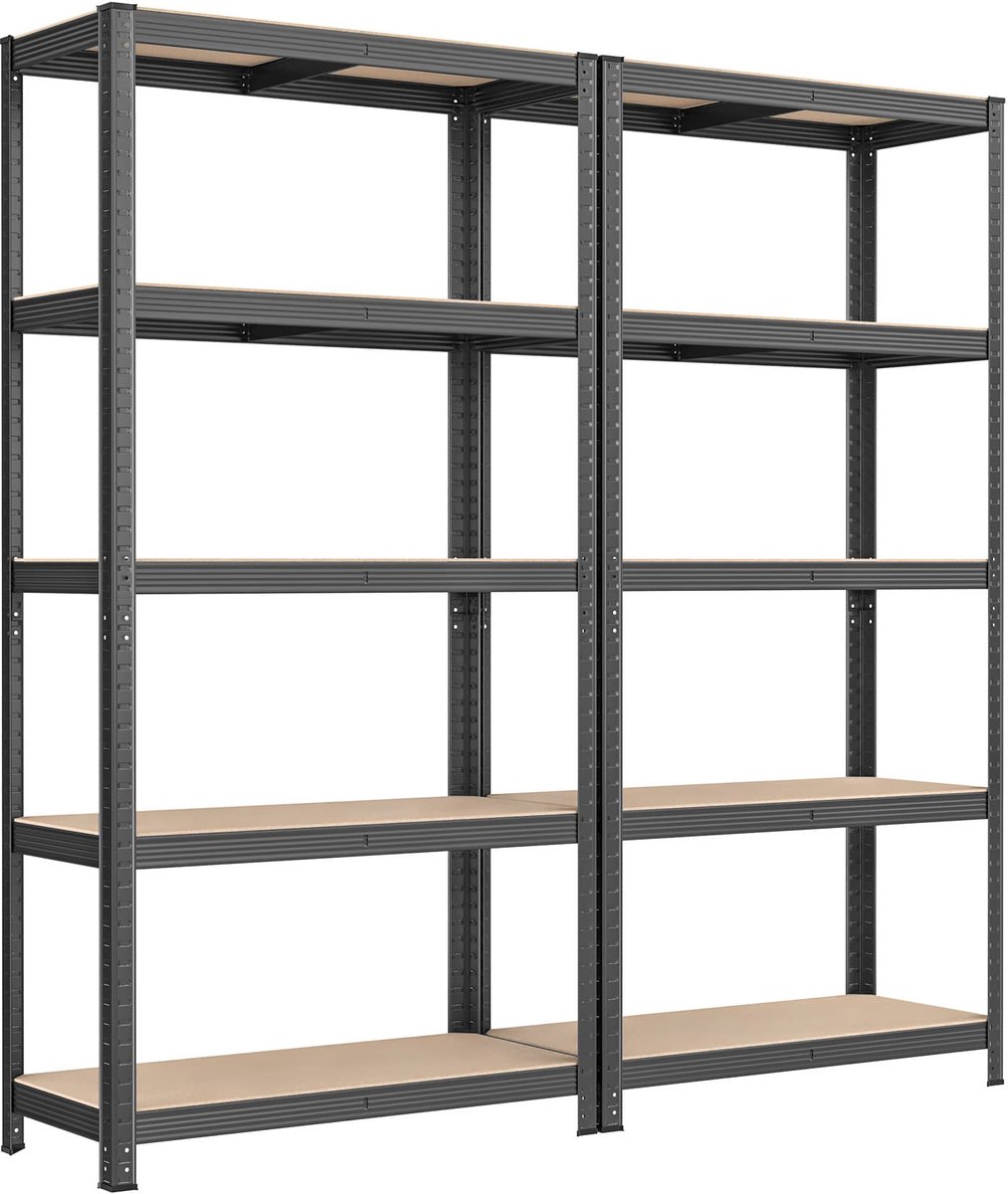 Set van 2 5-laags stellingen – Staal – Zilver/grijs en Zwart/roestbruin – Verstelbare schappen, draagvermogen 650 kg