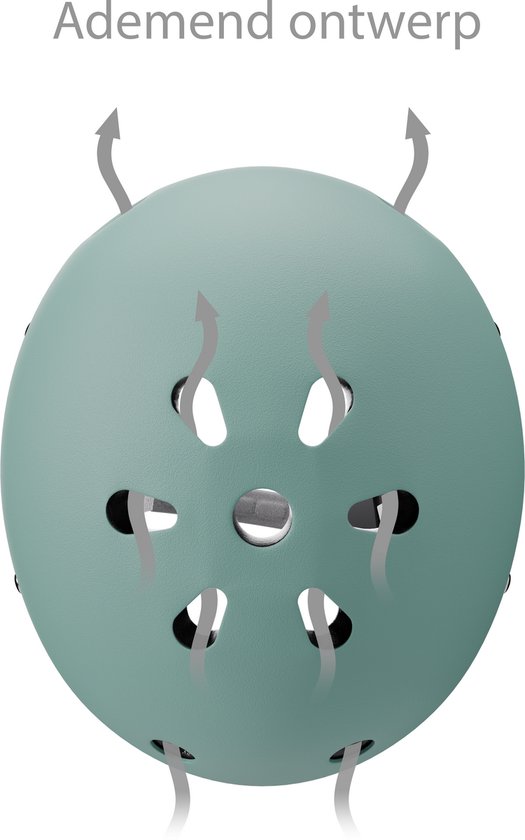 Zalmgroene kinderhelm van bovenaf met ventilatiegaten en pijlen die luchtstroming aangeven.