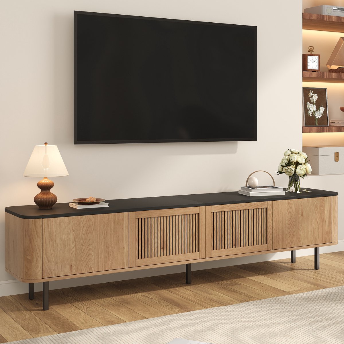 PHOEBE CAT TV-kast - Lage kast - 4 deuren - 190 x 35 x 45 cm - Natuurlijke + Zwart