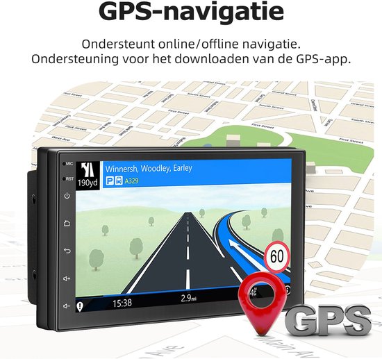 GPS-navigatiesysteem op autoradio-scherm. Routeaanduiding met weg, pijl en snelheidslimiet 60.