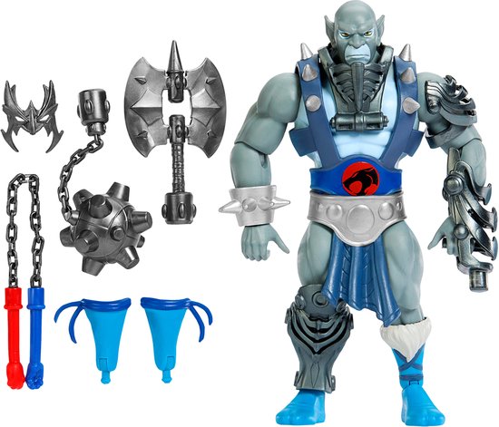 Grijze Panthro actiefiguur met wapens: strijdhamer, bijl, en twee blauwe accessoires.