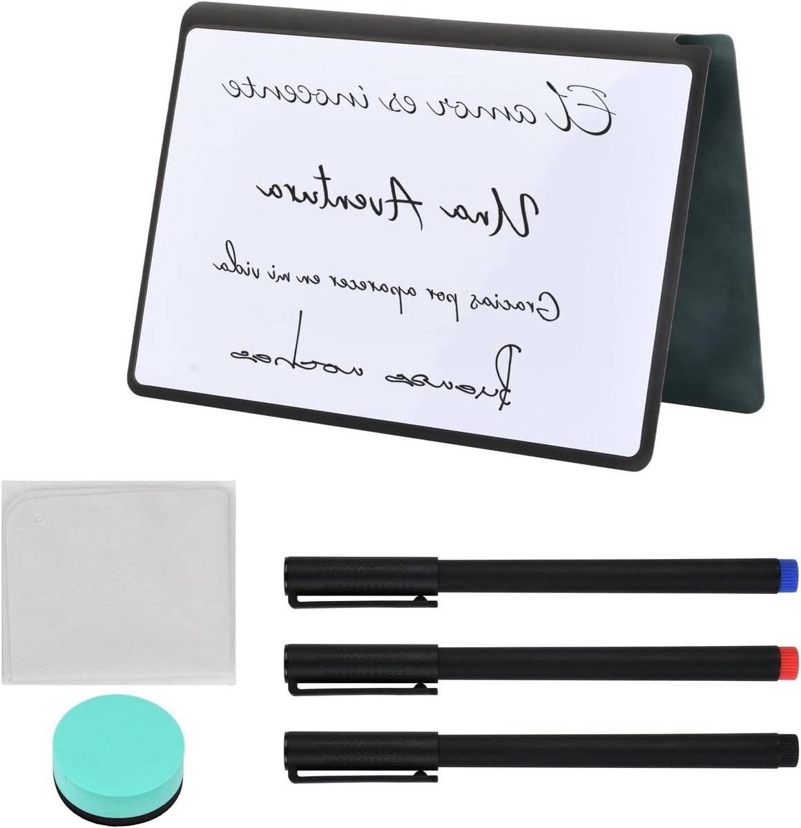 Dubbelzijdig afwasbaar whiteboard A4 formaat met kleurpotloden en reinigingsdoek - ideaal voor studio, vergaderingen en notities