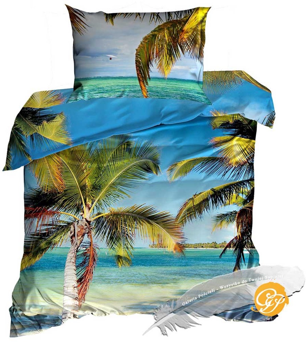 Tropisch 3D Dekbedovertrekset - Katoen Satijn - Eenpersoons 140x200 cm - Inclusief 1 Kussensloop 70x80 cm - Design: "Palmy" Paradijselijk Strand met Palmbomen & Oceaan – Vakantiegevoel