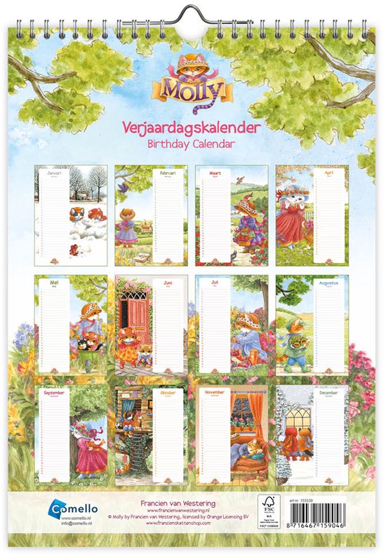 Verjaardagskalender met twaalf maanden, elk met een illustratie van katten in kleding.