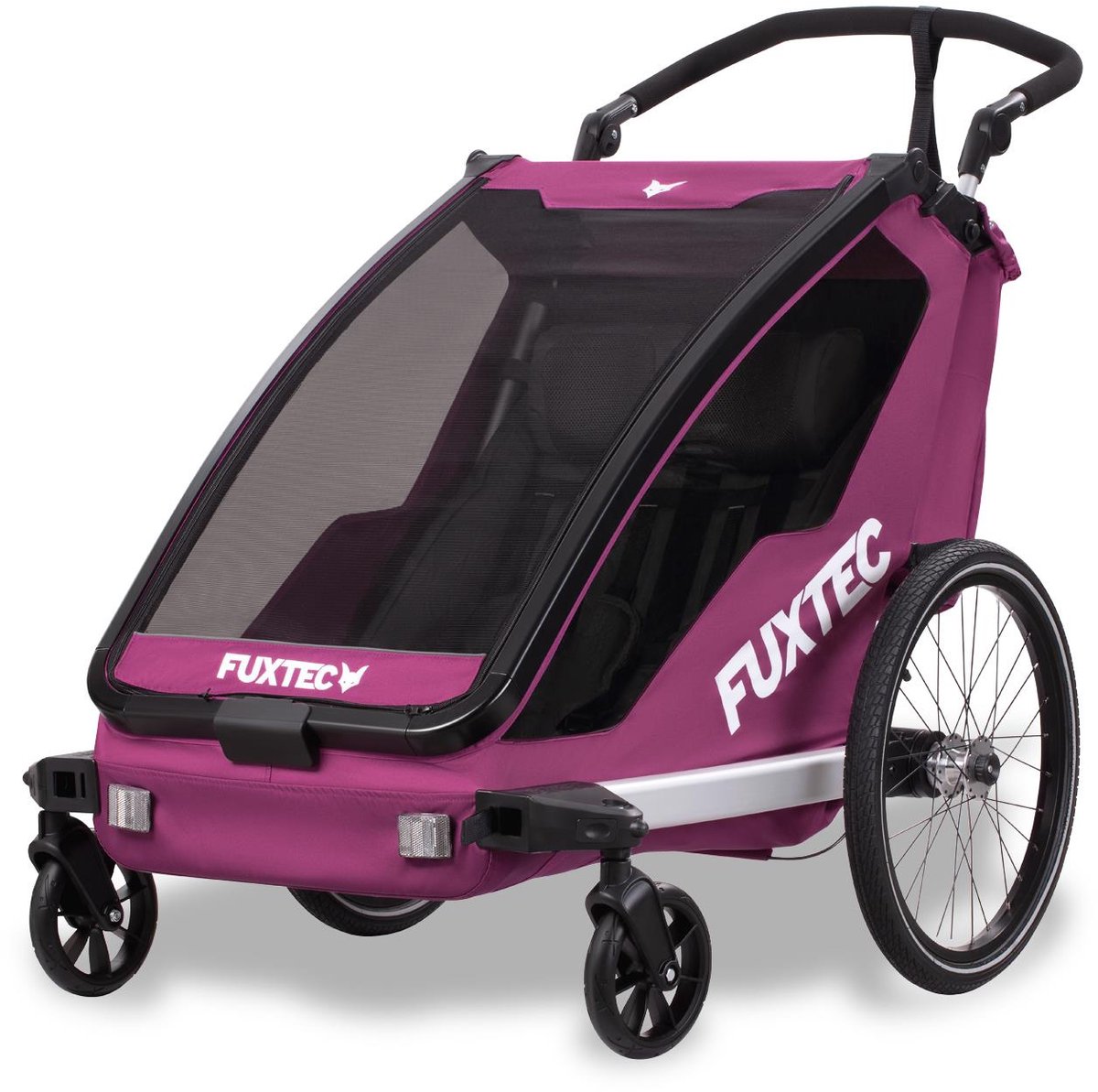 Paarse fietskar - FUXTEC Sport Cruiser - max. belasting 45kg, 2 x 5-puntsgordels, opvouwbare kinderwagen