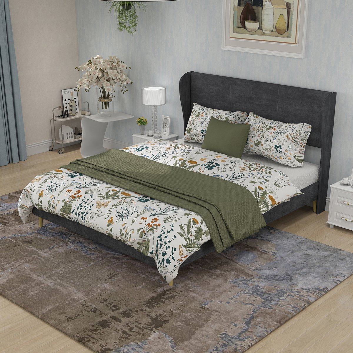 REDOM gestoffeerd bedframe 140x200 cm – Stof + metaal grijs – Zacht hoofdbord, modern ontwerp – 2 pakketten