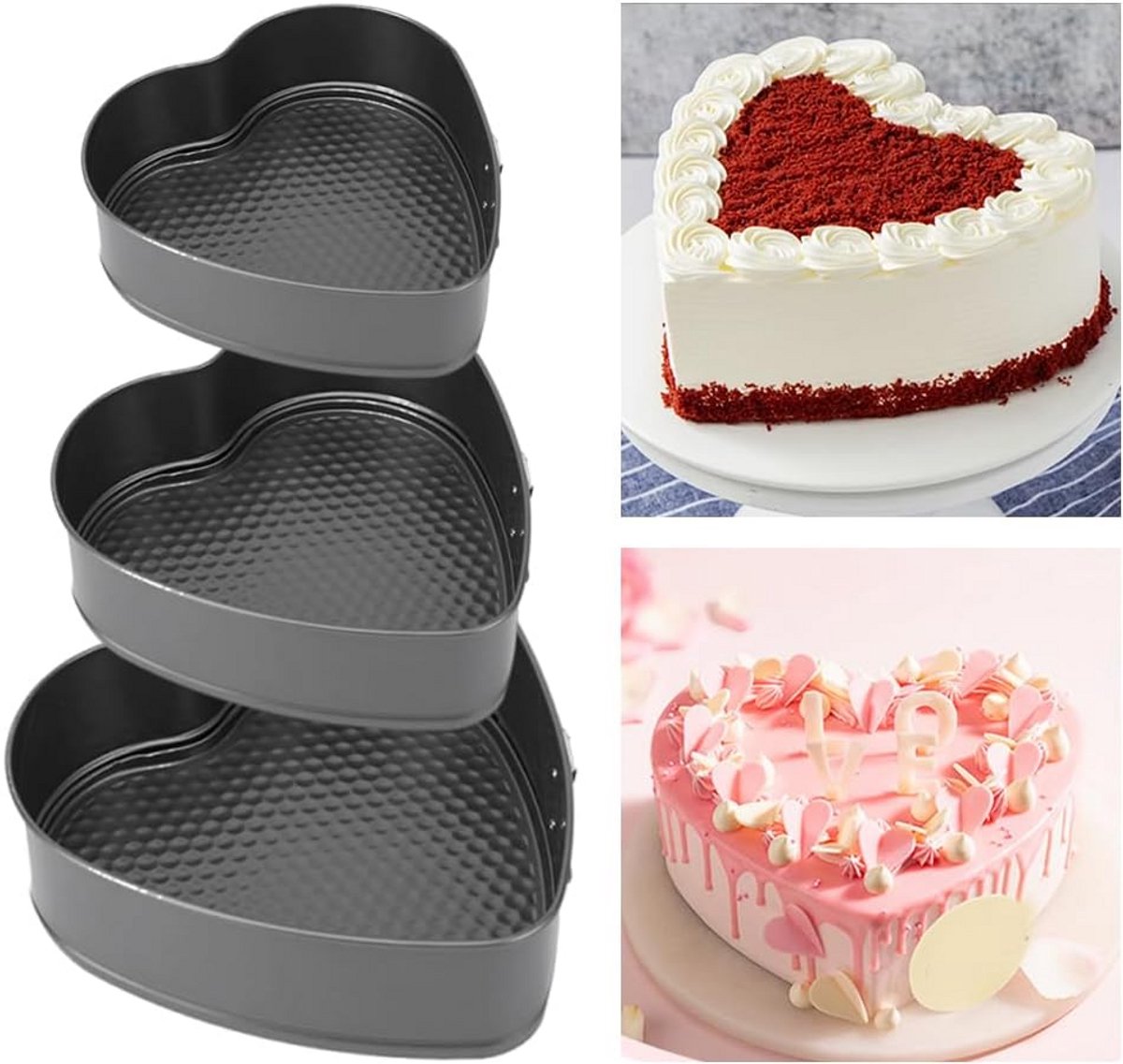 Set van 3 Hartvormige Springvormen met Antiaanbaklaag - 20, 22 en 24 cm