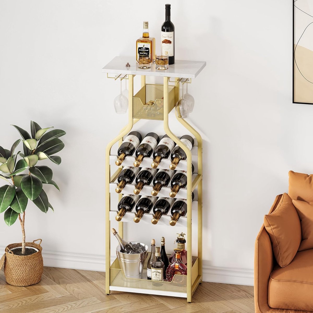 Staand wijnrek industrieel - 12 flessen + glashouder - metaal - Gouden - 6-laags - 44 x 27 x 112 cm