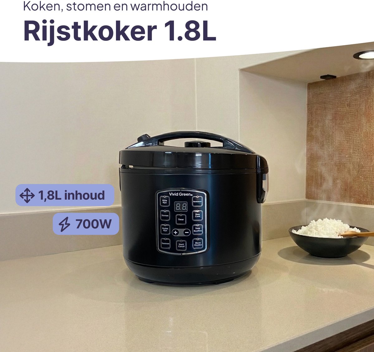 Rijstkoker met Stomer - 1.8L - Slowcooker met Timer - 10 Porties - Multicooker - Rice Cooker - Zwart - Vivid Green – foto 2