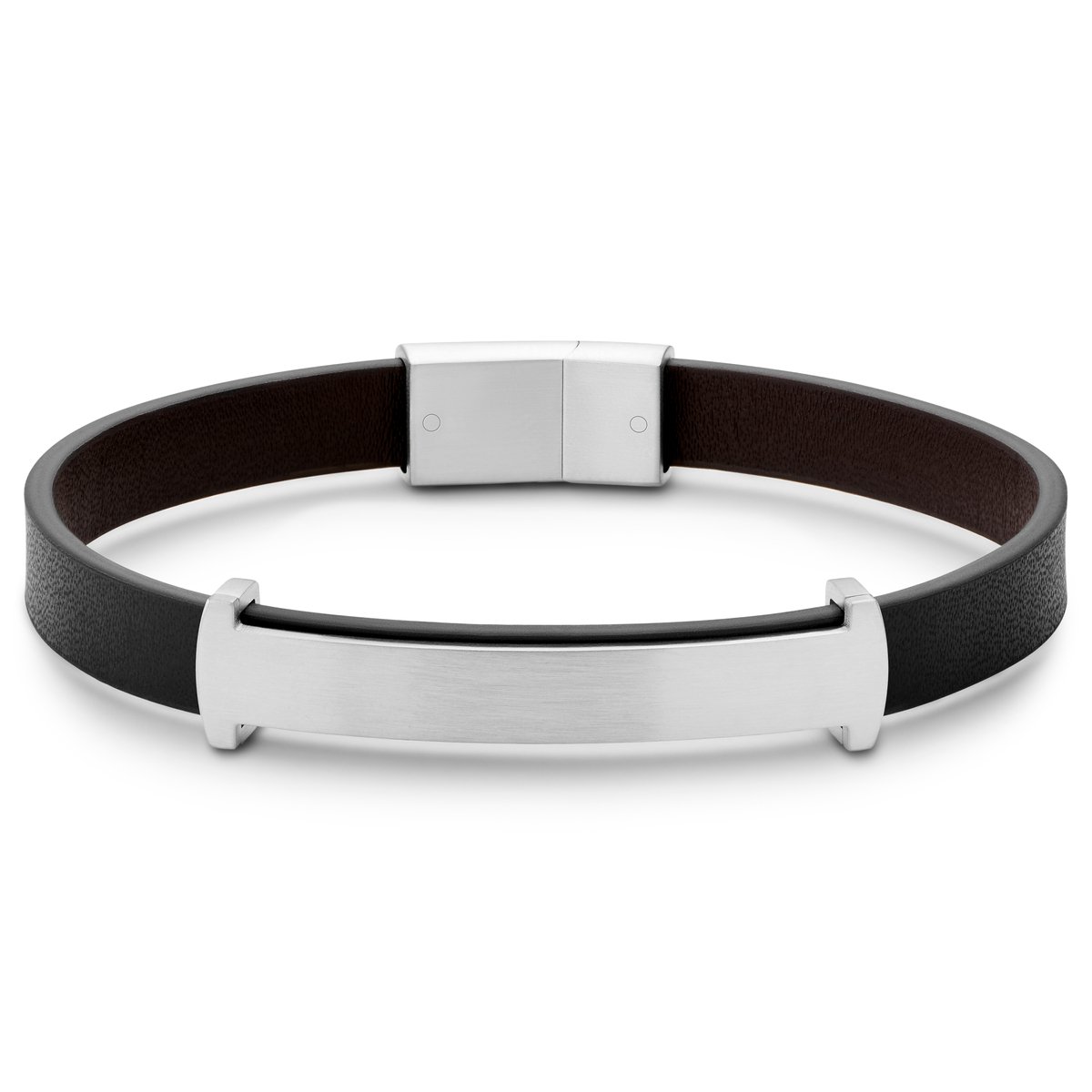 Nomen | Zilverkleurige en Zwarte Leren ID-armband