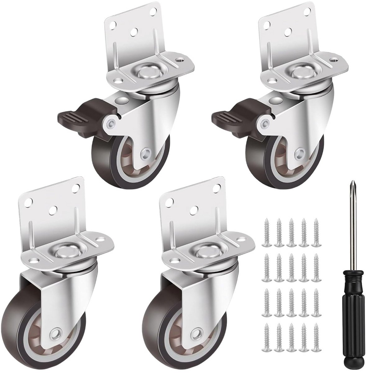 Zware Meubelwielen 50mm met Remmen - 140kg Draagvermogen - Inclusief Schroeven