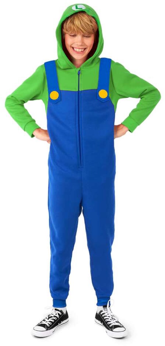 OppoSuits Luigi Kids Onesie - Nintendo Huispak - Kinder Kleding voor Luigi Outfit - Carnaval - Groen - Maat: L - 134/140 - 146/152 - 10-12 Jaar