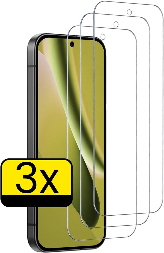 Drie screenprotectors voor een smartphone, met '3x' aanduiding.
