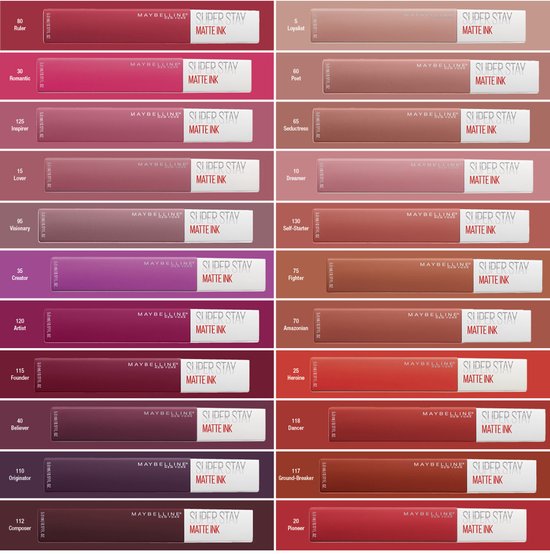 Overzicht van Maybelline SuperStay Matte Ink lipsticks met diverse kleurnamen.