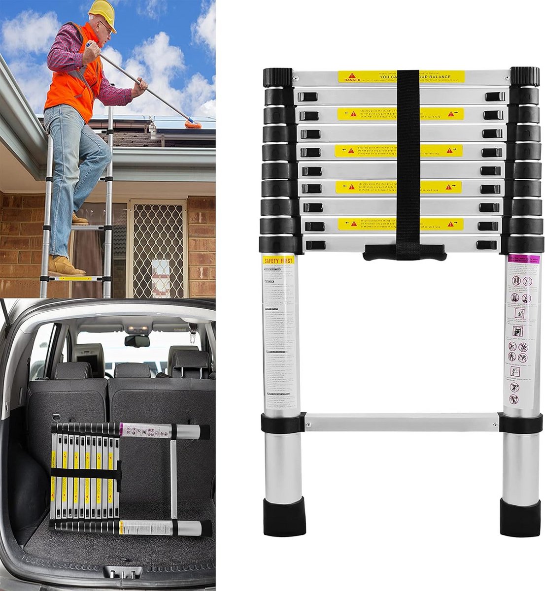 3,2m Telescopische Aluminium Ladder - In hoogte Verstelbaar en Multifunctioneel