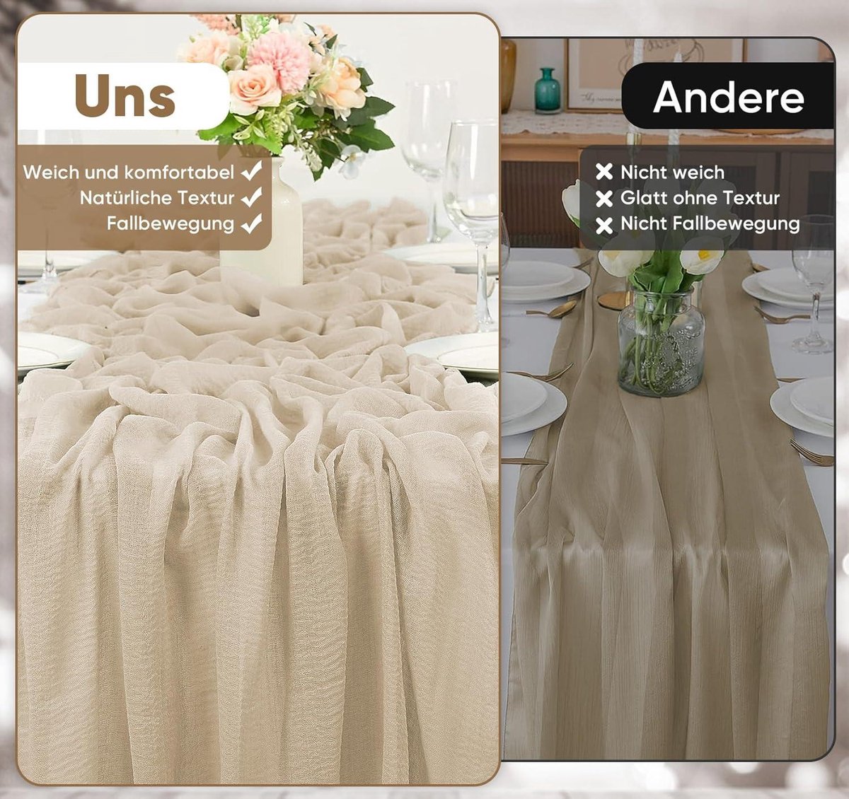 Beige tafelloper van gaas 80 x 300 cm voor bruiloft, babyshower en banket