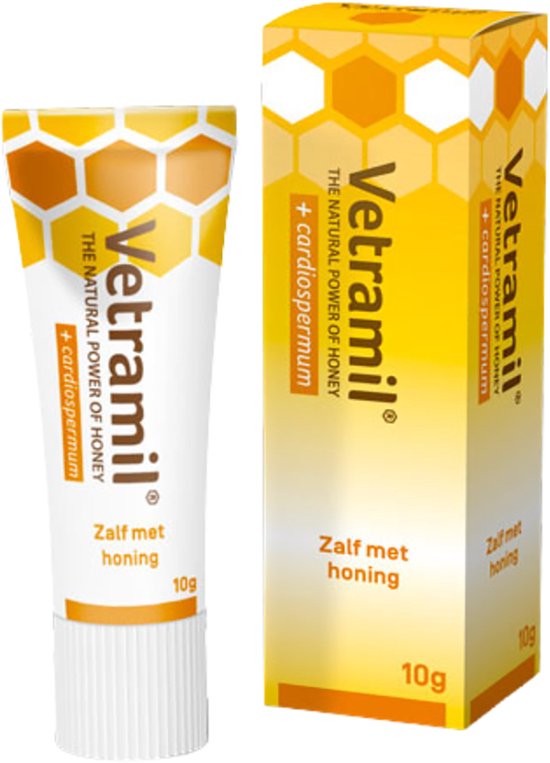 Vetramil zalf met honing 10g tube en doosje met honingraatpatroon.